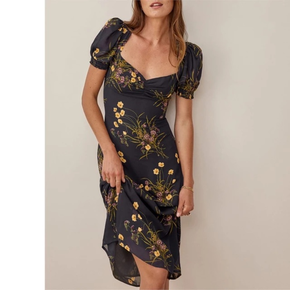 Reformation Luciana Navy Lace-up Floral-print Crepe Midi Dress 6